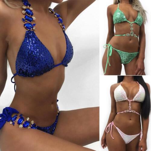 Womens Sexy Push Up Swimsuit Crystal Rhinestones Glitter Diamond Sequin Halter Bandage Bra Top+Thong Bikinis Set Swimwear