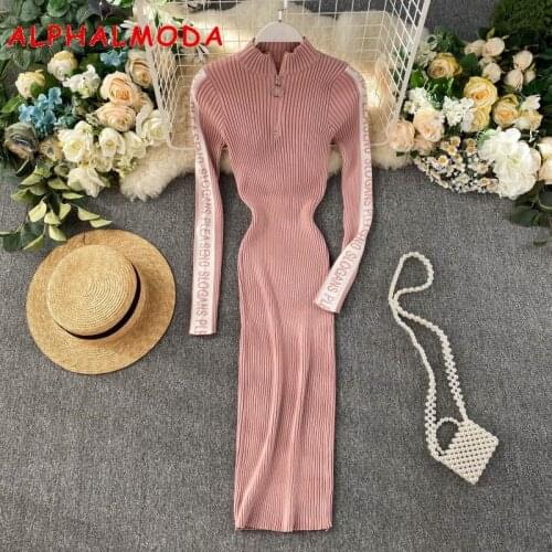 ALPHALMODA Letter Sleeve Pullovers Women Knitting Dress Zipper Collar Women Winter Autumn Knit Rip Dress