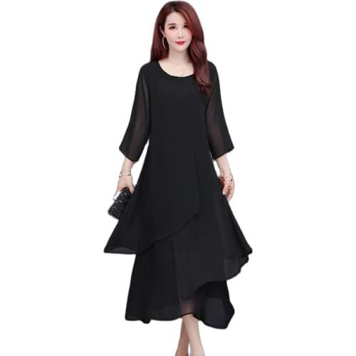 Plus Size L-5XL Women Chiffon Long Dress Summer 2021 New Fashion Elegant Black Dresses Ruffles Loose Full Dress Female