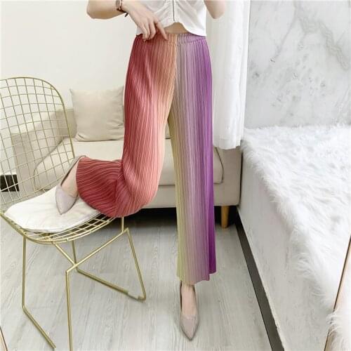 Miyak Pleated Women Gradient Rainbow High Waist Casual Straight Pants Summer Lady Elasticity Plus Size Cropped Trousers Clothes