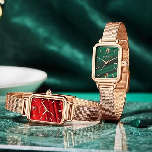 NEKTOM Women Watches Top Brand Luxury Fashion Square Quartz Watch Waterproof Green Dial Rose Gold Mesh Leather Women Watches