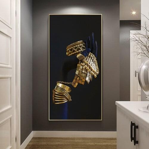 Black and Gold African Womans Hand Canvas Poster Modern Wall Art Picture Silver Jewelry Oil Painting For Living Room Decoration