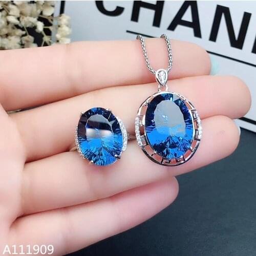 KJJEAXCMY boutique jewelry 925 sterling silver inlaid Natural Blue topaz pendant ring Womens set support detection beautiful