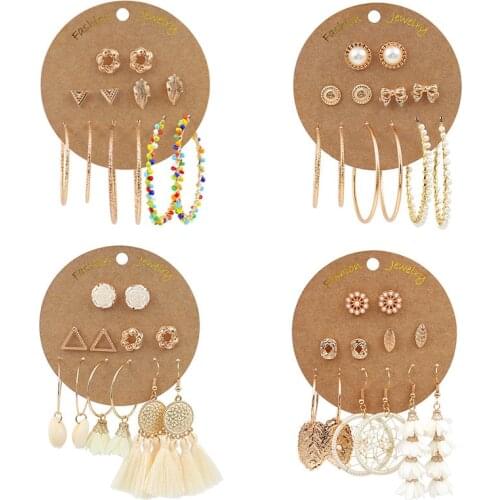 Luokey Women Bohemian Gold Color Ethnic Tassel Hoop Earrings Set Beads Bowknot Flower Vintage Ear Rings Female Statement Jewelry