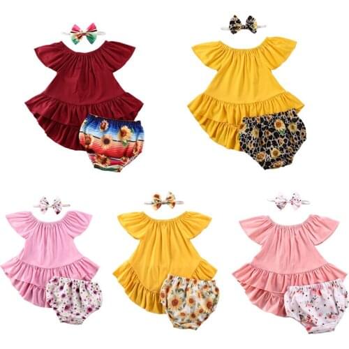 0-24M new born infant baby girls summer clothes Ruffle Off-shoulder solid color Tops+sunflower Shorts+headband 3pcs set