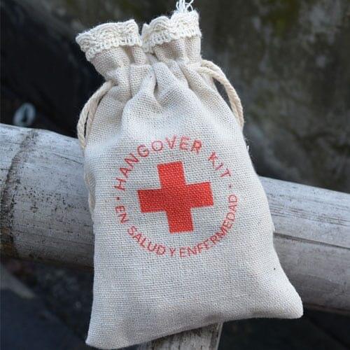 Hangover Kit Lace Linen Gift Pouch 9x15cm(3.5"x6") Pack of 50 Wedding Party Candy Jute Drawstring Bag Sack