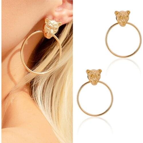 Find Me Summer Alloy Two-Color Exaggerated Leopard Head Circle Pendant Earrings For Women Jewelry Accessories