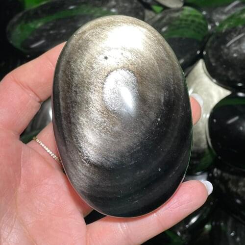New ！！！Best Quality Natural Glisten Silver Obsidian Ellipse Reiki Gem Healing Decoration