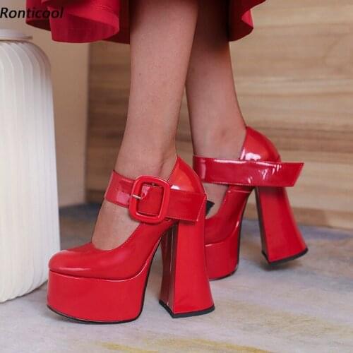 Ronticool New Women Platform Pumps Patent Leather Sexy Buckle Hoof Heels Round Toe Fabulous Red Black Dress Shoes US Size 5-10.5