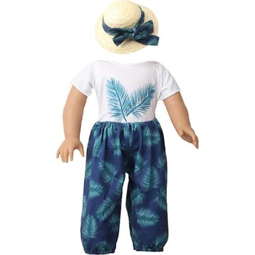 1 Set 18 inch Doll Clothes and Accessories for American 18 inch Doll Summer Costumes T-shirt + Trousers + Sun Hat Leaf Element