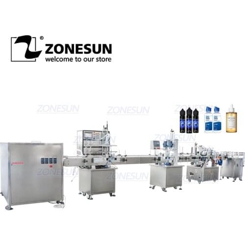 ZONESUN Fully Automatic Magnetic Pump Four Heads Juice Ink Round Bottles Filling Capping Labeling Machine Line For Production