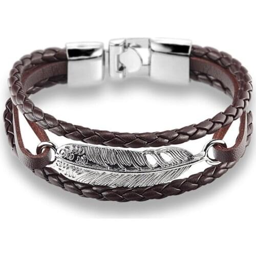 Popular European and American Fashion Cool Retro Bow and Arrow Leather Woven Feather Bracelet