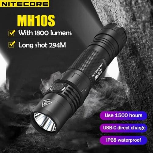 100% Original NITECORE LED Spotlight Flashlight MH10S 1800Lumens Range 294M Runtime 1500H USB-C Rechargeable Straight Flashlight