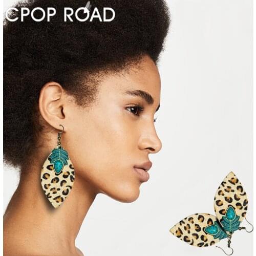 Cpop Horse Hair Cowhide Leather Earring for Women Leaf Round Leopard Earring Trendy Bohemia Jewelry Christmas Gift Hot Wholesale