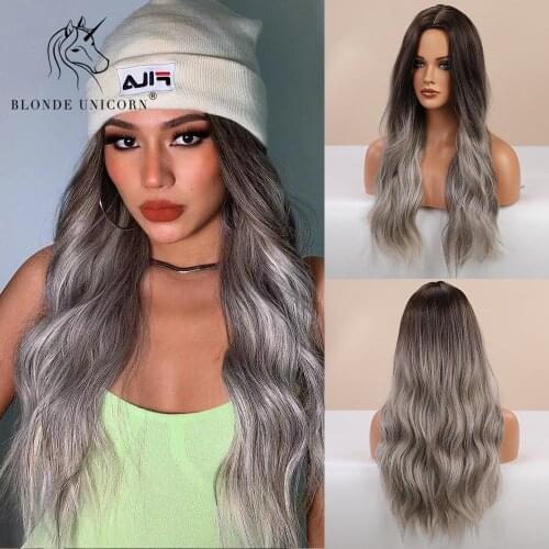 Blonde Unicorn Synthetic Long Natural Wave Wig Brown Root Ombre Light Blonde Platinum for Women Heat Resistant Fiber Hair Wigs