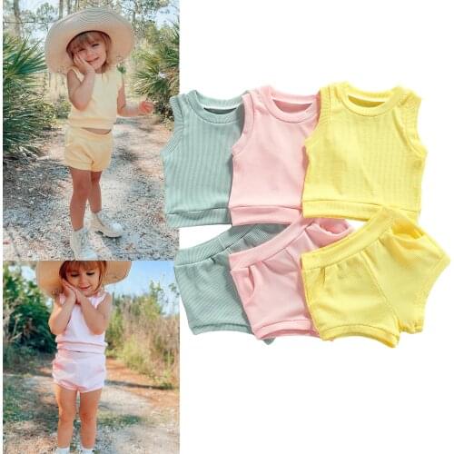 FOCUSNORM 3 Colors Summer Baby Girls Clothes Sets 2pcs Solid Strap Sleeveless Vest Tops Elastic Shorts 0-3Y