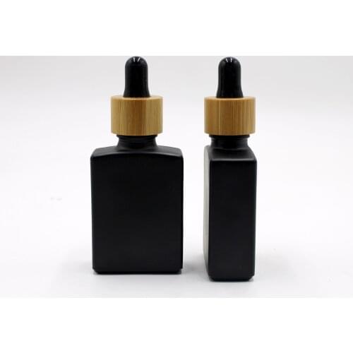 Skin Care Essential Oil Packaging With Bamboo wood Lid Perfum Jar Frosted Glass Black Bottle Cosmetic Containers Bottles