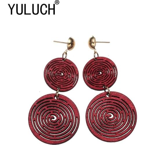 YULUCH Exclusive design natural wood hollow double pendants fashion earrings for girls simple art party jewelry gift for woman