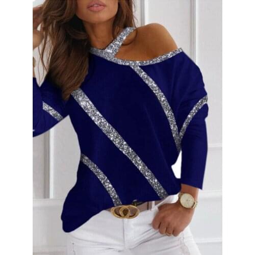 Lady Sequins Patchwork Off Shoulder Tops Women Summer O-neck Long Sleeve T Shirt Plus Size Tees Tshirts Woman Clothing