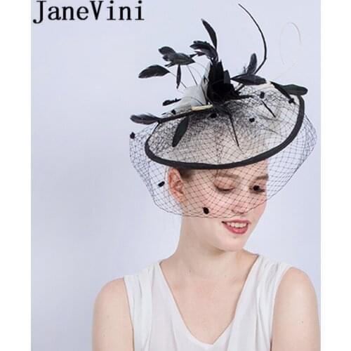 JaneVini Black Wedding Hats and Fascinators With Net Veil Ladies Fashion Hats Hair Pin Feathers Bridal Bride Wedding Party Hat