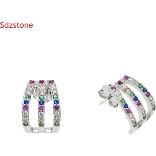 Real 925 Sterling Silver Micro Pave Multi Colored Cz Bar Circle Geometric Long Studs Girl Women Fashion Jewelry Earrings