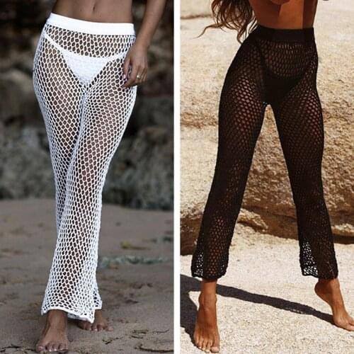 2019 Sexy Beach Pants Elastic waist Handmade Crochet Knit Mesh Pants Sexy Vacation Women Pants