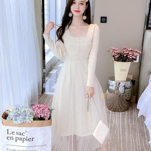 2021 Autumn Winter New French Elegant Dresses For Women Dress Mesh Stitching Sweater Knitted Long Sleeve Dress Festival Clothing