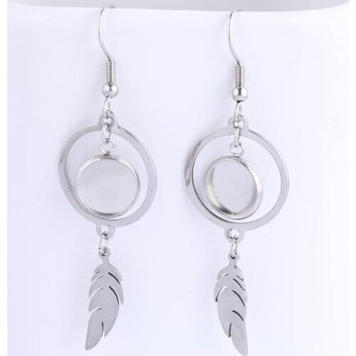 10pcs stainless steel circle hoop feather charm drop earring base fit 10mm cabochon settings diy earrings bezel blanks