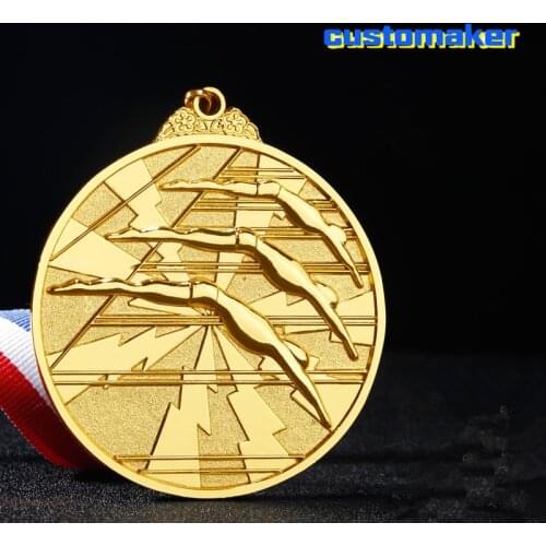 10pcs custom make customize medals and trophies swimming competition awards gold/silver/copper sports design Prize with ribbon
