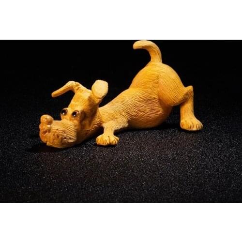 Boxwood 10cm Dachshund Sculpture Mini Dog Wood Animal Statue Lucky Puppy Home Decoration