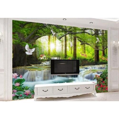Custom 3D wallpaper roll 3d Green big tree forest waterfall photo print wallpaper 3D Decorative paintings