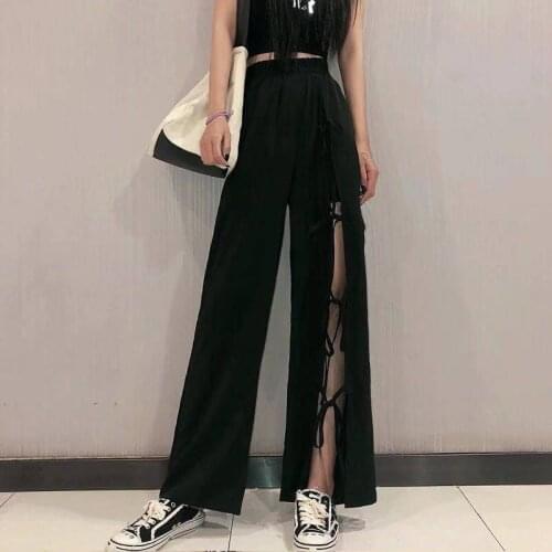 High Quality Winter Street Style Adult Ladies Elastic High Waist Pants Straight Black Trousers