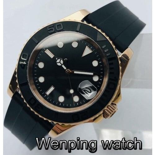 40mm Luxury Mechanical Watch Rose Gold PVD Case Sapphire Glass Ceramic Bezel Black Sterile Dial NH35 Movement Automatic Watch