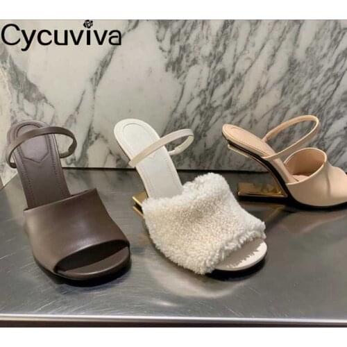 Designer Strange Heel Women Sandals Slip On Peep Toe High Heel Shoes For Women Two Ways Slippers Ladies Shoes Female Sandalias