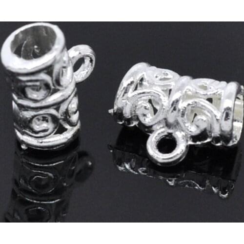 DoreenBeads Zinc Alloy Bails Beads Tubes Silver Plated Flower Hollow Pattern DIY Making Jewelry Gifts Findings 11mm x 5mm, 9 PCs