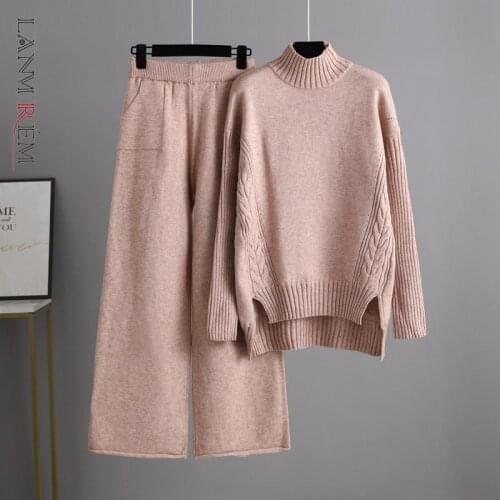 LANMREM 2021 Autumn Winter New Loose High Neck Sweater Wide Leg Pants Two Piece Set Women Long Sleeve Warm Female Fashion 2W401