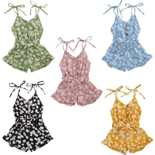 Summer Toddler Baby Girls Sweet Suspender Rompers Flowers Print Sleeveless V Neck Belt Chiffon Jumpsuits