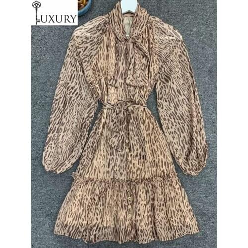 Fashion New 2020 Summer Style Women Bow Collar Wild Leopard Prints Long Sleeve Casual Sexy Club Dress Above Knee