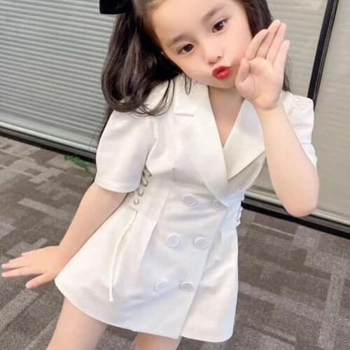 Baby Girl Fashion Short-sleeved Dress 2021 Summer New Korean Pure White Suit Skirt Pleated Princess Dress Jacket Casual
