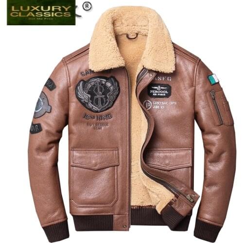Military 2021 Brown Men Pilot Shearling Coat Large Size 4XL Genuine Sheepskin Winer Thick Slim Fit Shearling Jacket