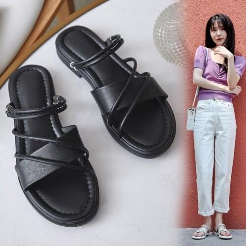 Creative two wear leather 2020 summer new flat bottom Muller slippers cowhide net red cool womens shoes