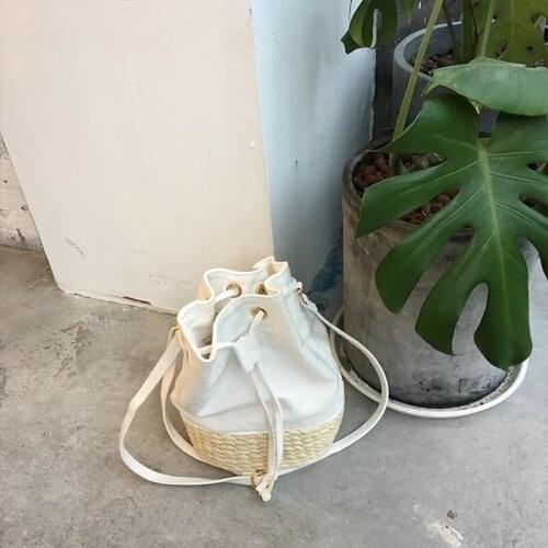 2021 new ladies casual canvas shoulder bag straw stitching bucket bag fashion messenger bag drawstring wallet