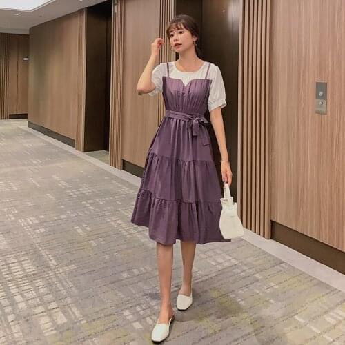 2020 Summer New Fashion Suspenders Fake Two-piece Dress High Waist Round Neck Short-sleeved Solid Dresses Female with Bow Belt