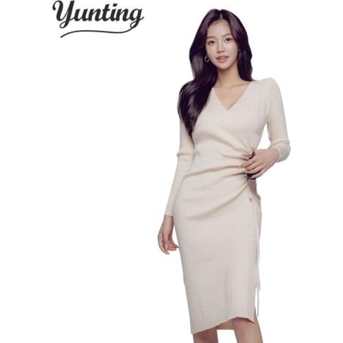Slim female autumn winter midi sweater dress women sexy bodycon dress long sleeve robe dress solid Basic knitted dress solid