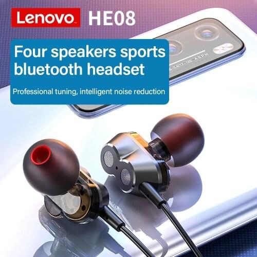 Original Lenovo HE08 Dual HIFI Stereo Bluetooth Earphone Neckband Wireless Earphones With Microphone 4 Speakers Sports Earphone