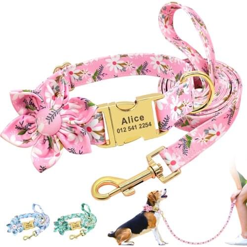 Flower Print Dog Collar And Leash Set Personalized Nylon Dogs ID Tag Collars Pet Walking Lead Rope For Small Medium Large Dogs