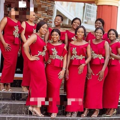 Mrs win Bridesmaid Dresses For Girls Red Plus Size O-neck Wedding Party Dresses HR214 Ankle Length Sheath Vestido Madrinha 2020