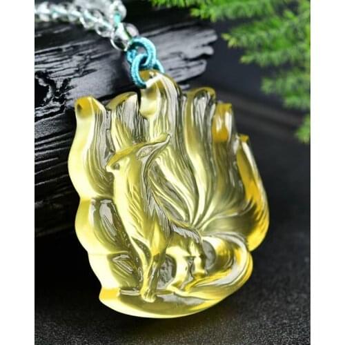 Genuine Natural Yellow Citrine Quartz Fox Carved Pendant 52*46*14mm Brazil Women Jewelry Clear Citrine Beads Necklace AAAAA