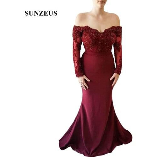 Mermaid Burgundy Bridesmaid Dresses Off Shoulder Sweetheart Long Sleeves Wedding Party Dress With Appliques Long Formal Robe