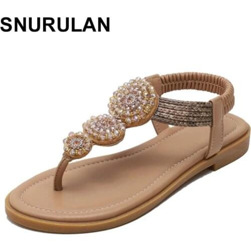 SNURULAN Gladiator Sandals For Women Summer Solid Flip Flops Flat Sandals Elastic Band Beach Shoe Ladies Fairy Wind String Beads